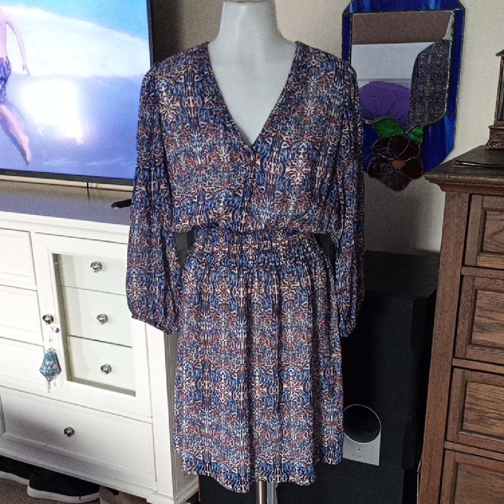Fifth House Blue/Brown Animal Print  Viscose Elasticated Waist Dress Size Sml/36